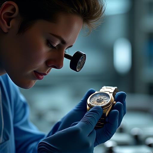 技術者が拡大鏡を使い、完成した腕時計の品質を検査している。