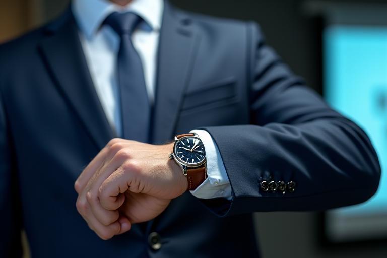 スーツを着た男性がプレゼンテーションをしている。袖口からのぞくクラシックな腕時計。